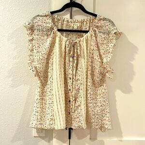 POL Cream Floral Ruffle Sleeve Tie-Front Top